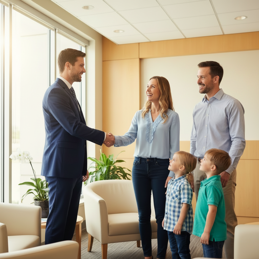 Banker shaking hands with a family