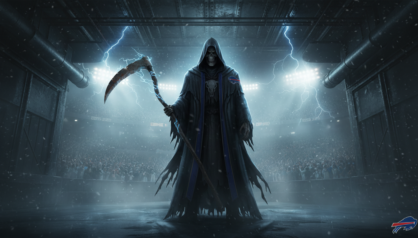 The Mafia Reaper stands in a dark stadium tunnel with blue lightning and fog