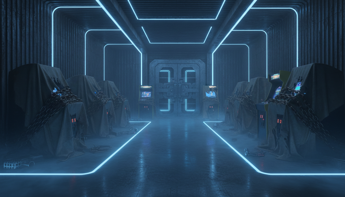 Retro-futuristic arcade with tarped cabinets