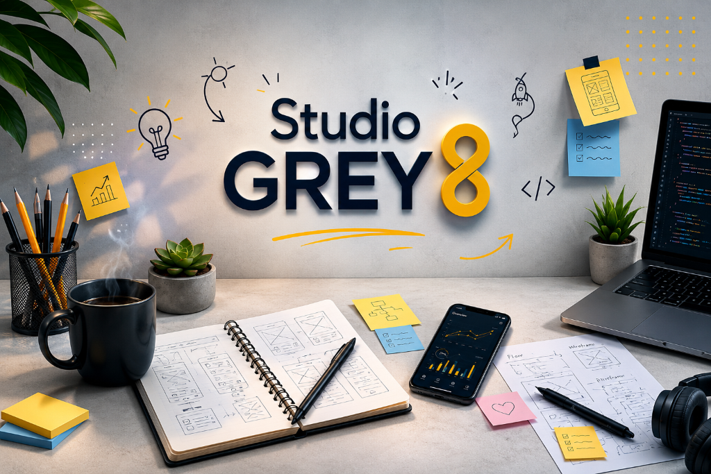 Studio GREY8 startup workspace with phone, notebook, coffee and creative tools
