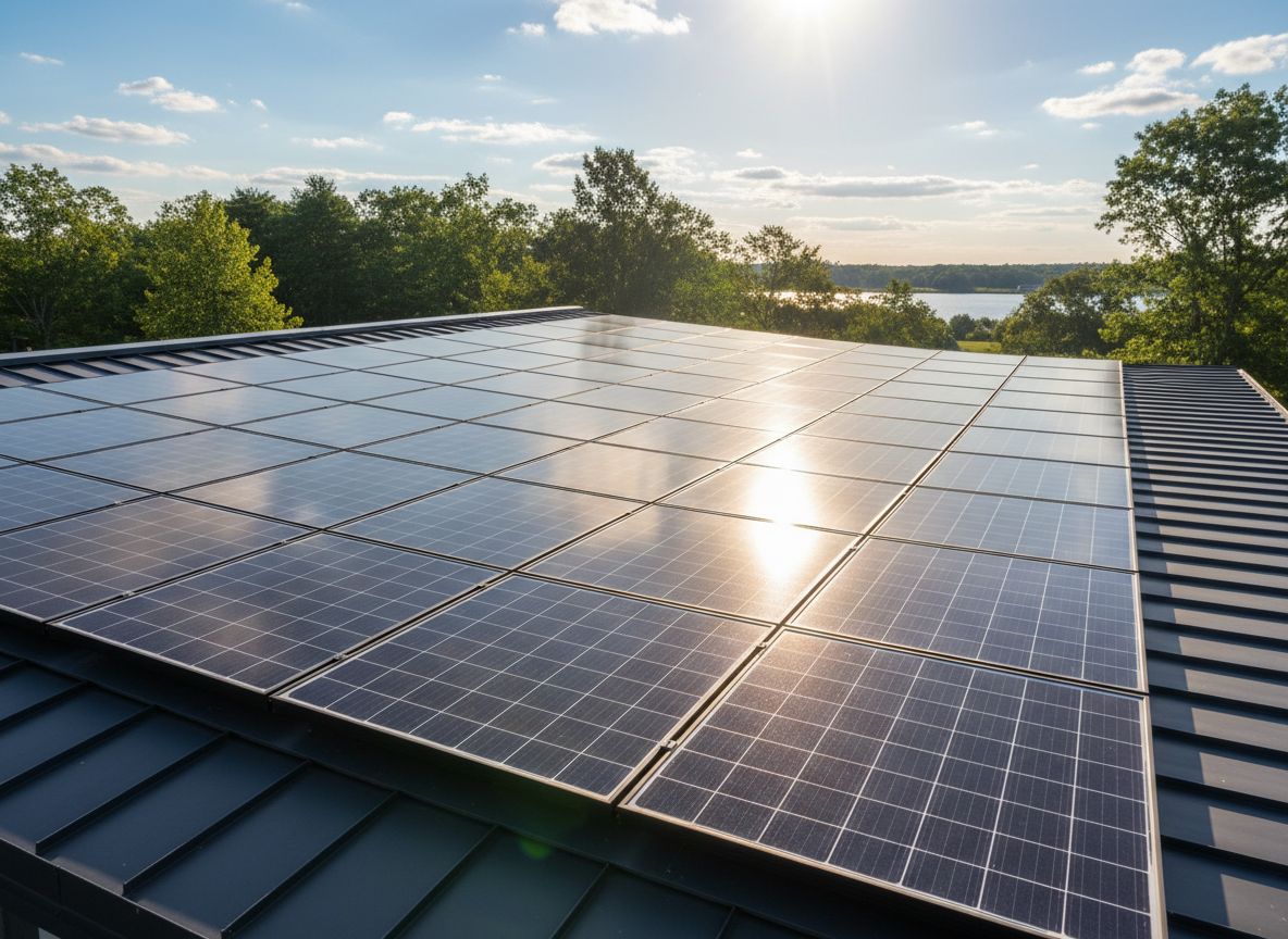 Schone zonnepanelen op een dak met blauwe lucht