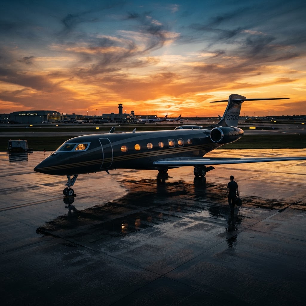 Gulfstream G700 в полете на фоне заката