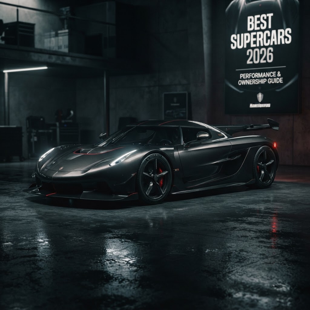 Una supercar ibrida moderna parcheggiata in una location di lusso, rappresentante l'eccellenza ingegneristica 2026.