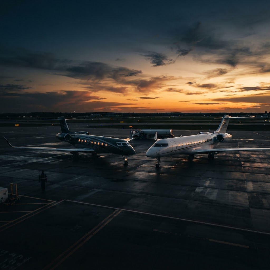 Comparatif côte à côte d'un Gulfstream G700 et d'un Bombardier Global 7500 sur un tarmac d'aéroport
