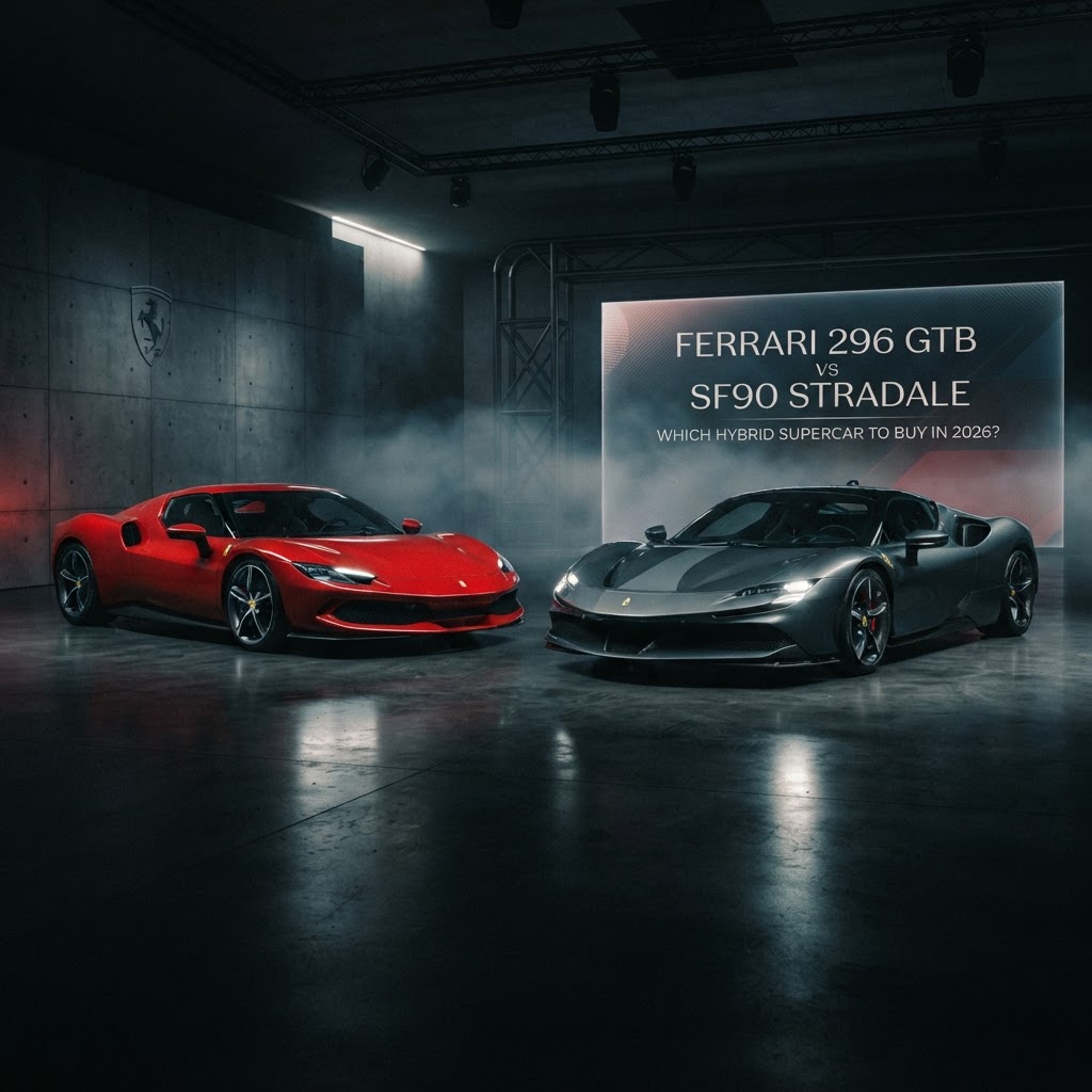 Confronto frontale tra una Ferrari 296 GTB e una Ferrari SF90 Stradale su pista