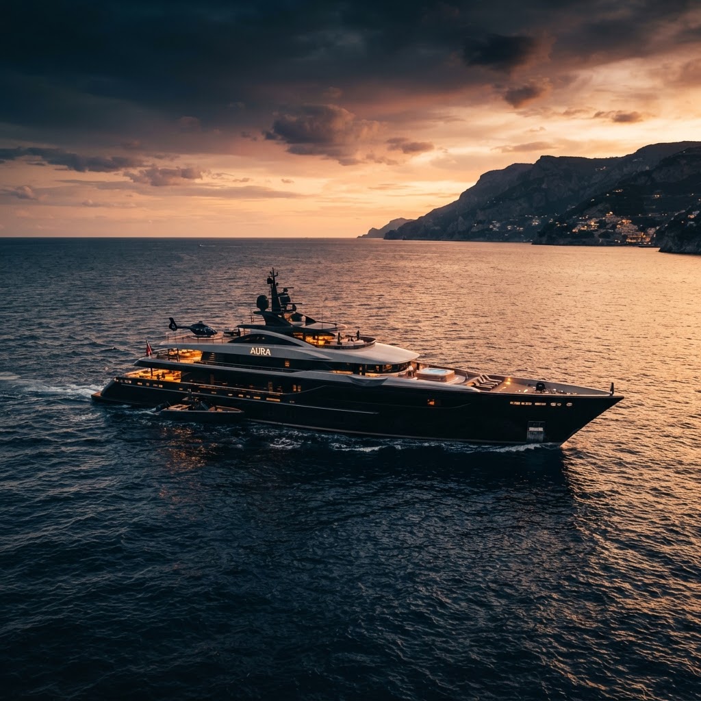 Veduta panoramica di un superyacht moderno in rada per analisi costi