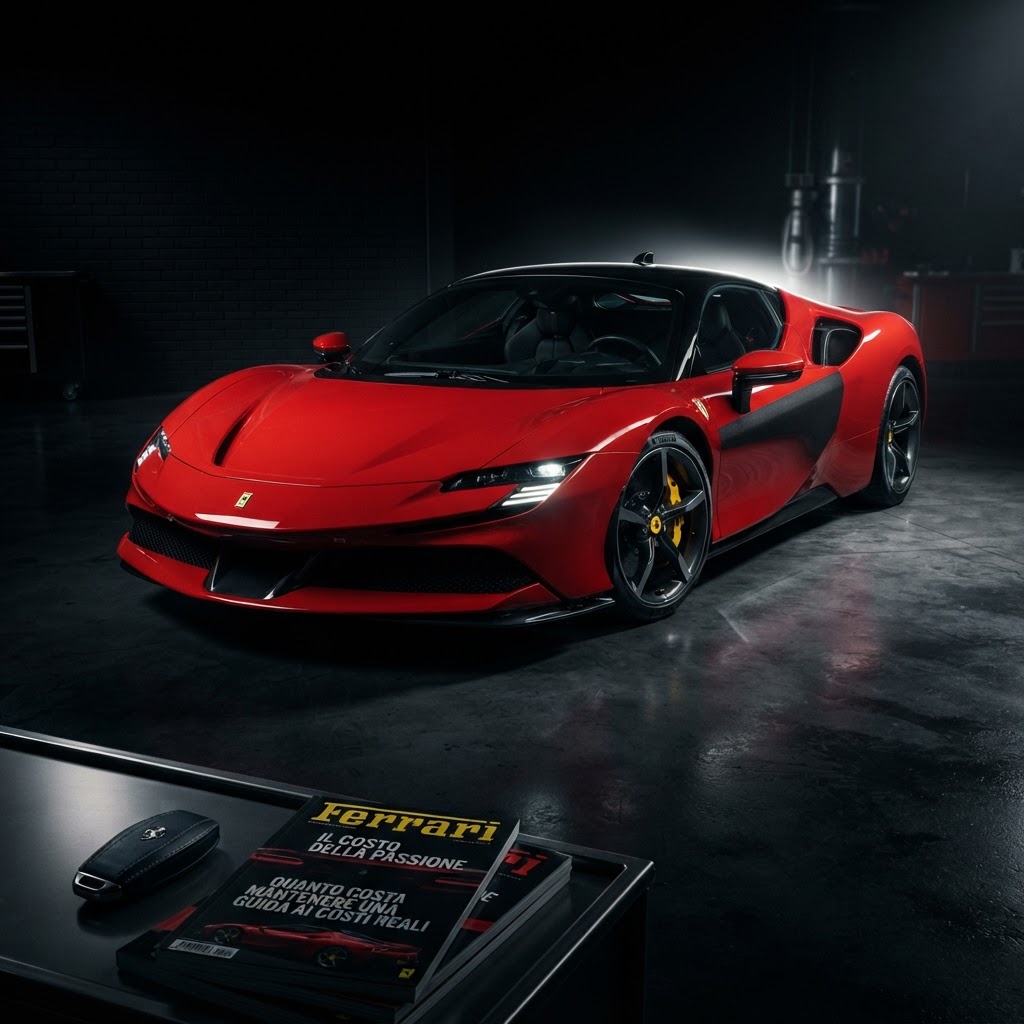 Ferrari moderna in un garage di lusso pronto per la manutenzione
