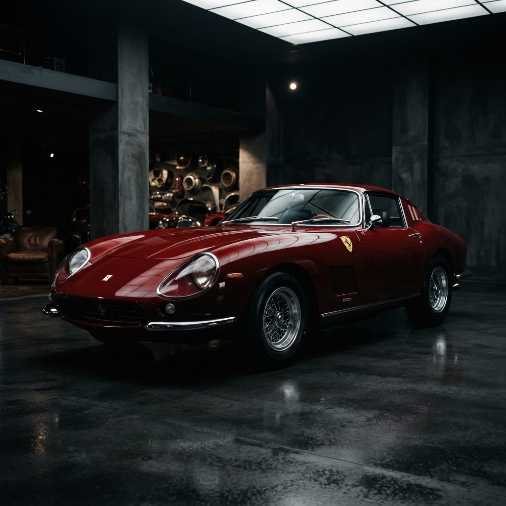 Ferrari classica rossa parcheggiata in una villa di lusso