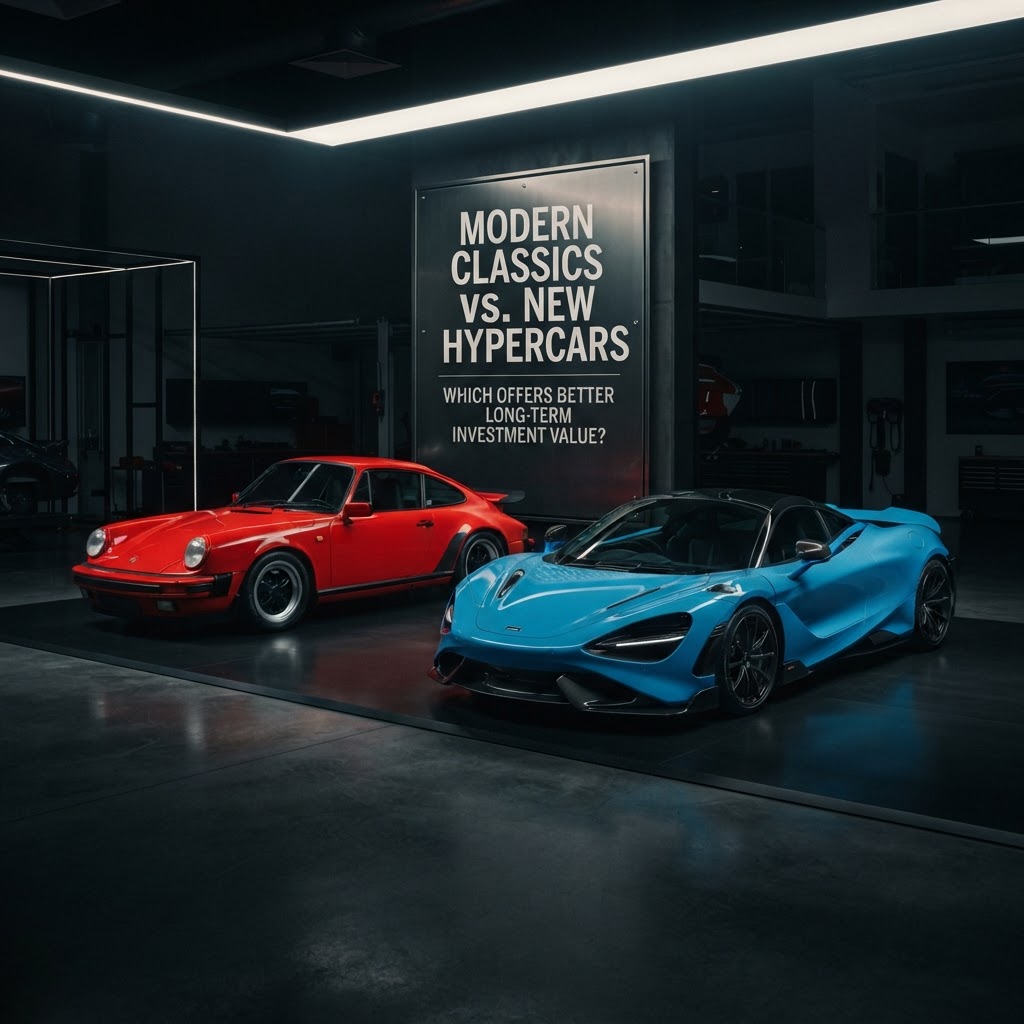 Garage de luxe avec une collection de supercars classiques et modernes