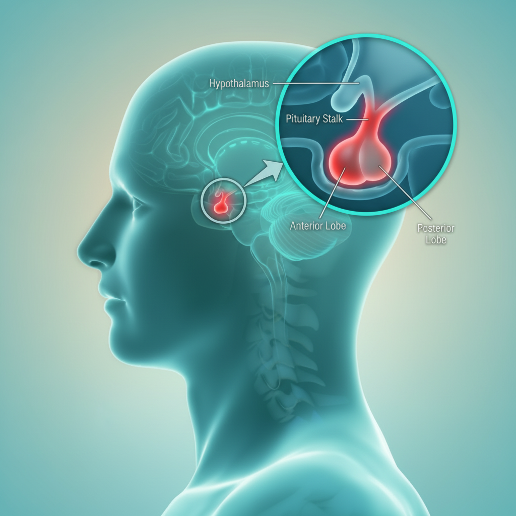 Medical illustration showing the location of the pituitary gland in the brain