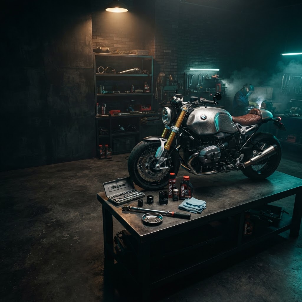Entretien moto — BMW café racer avec pièces d'entretien premium