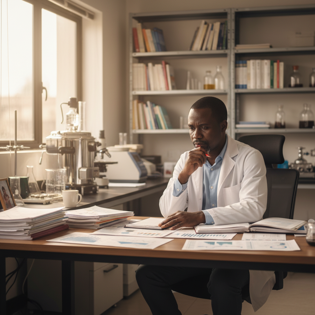 Research workspace with tablet showing Nigeria data visualization