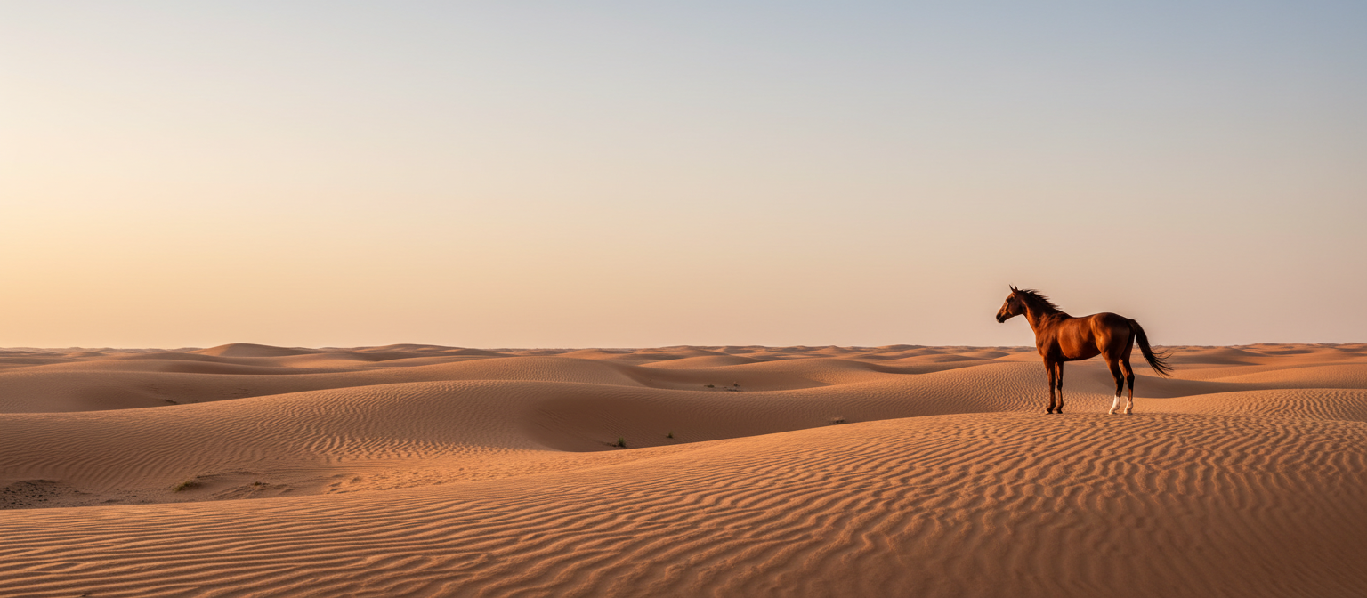 Polo horse in the Saudi desert at golden hour