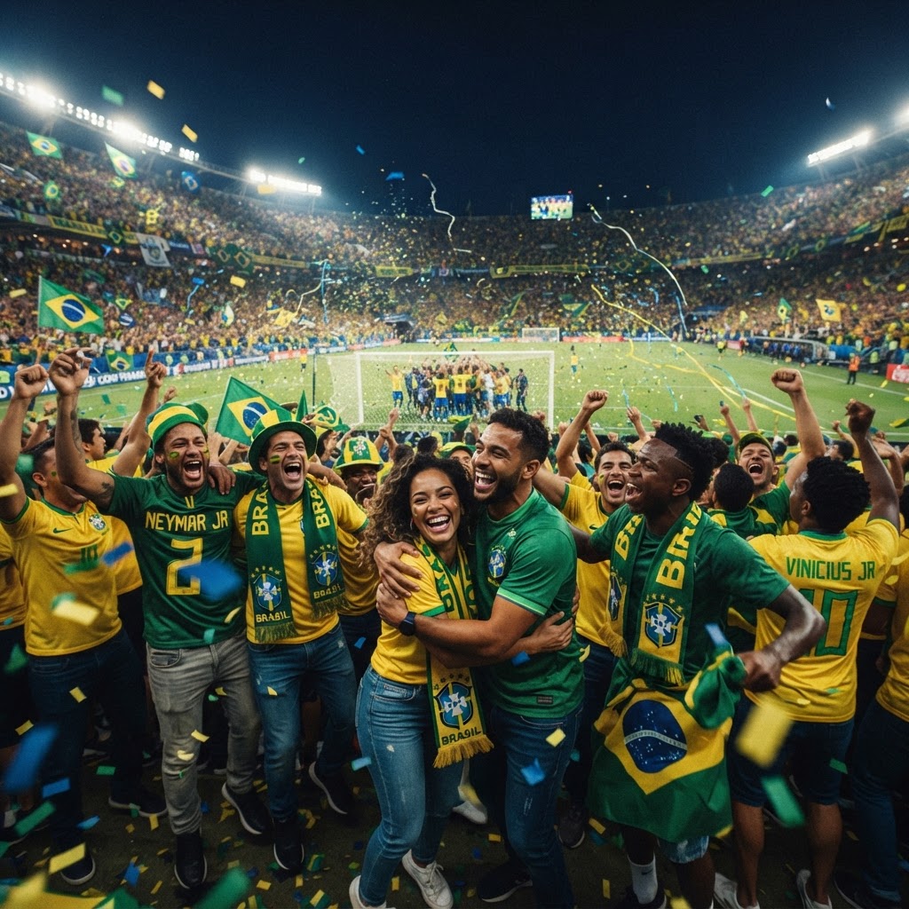 Torcedores felizes comemorando um gol no estádio