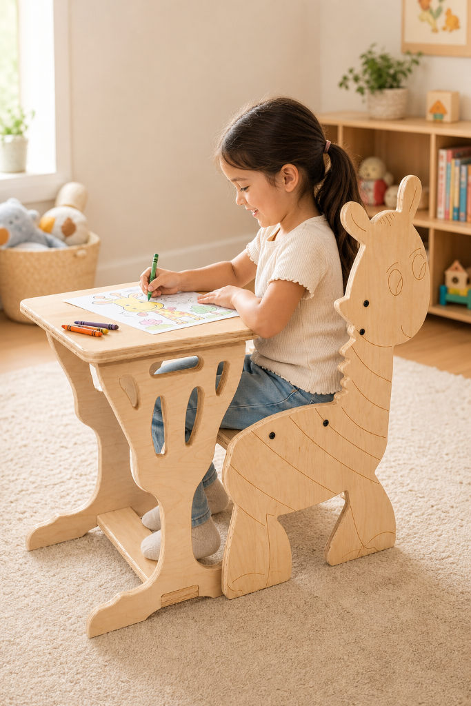 Handcrafted birch plywood giraffe chair for children in a sunlit nursery