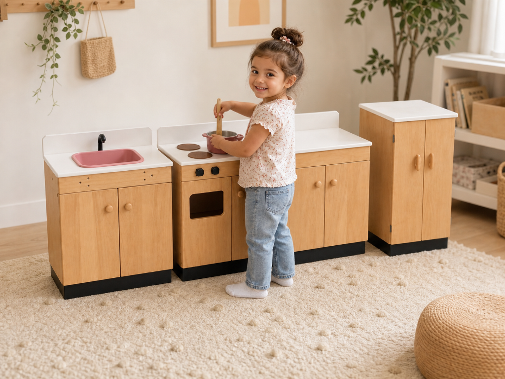 A little girl playing at a handcrafted wooden play kitchen set in a cozy room