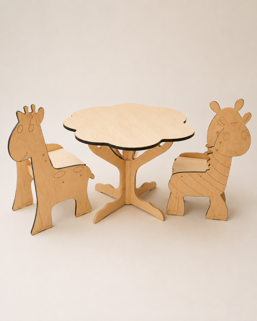 Handcrafted birch plywood children's set with a giraffe chair, a zebra chair, and a scalloped cloud-shaped table