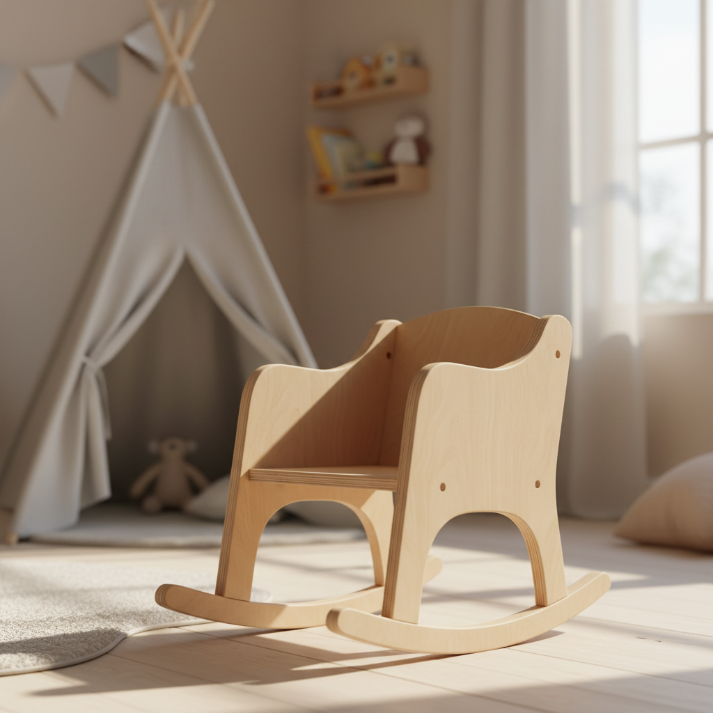 Handcrafted children's wooden rocking chair made from natural birch plywood with curved rockers