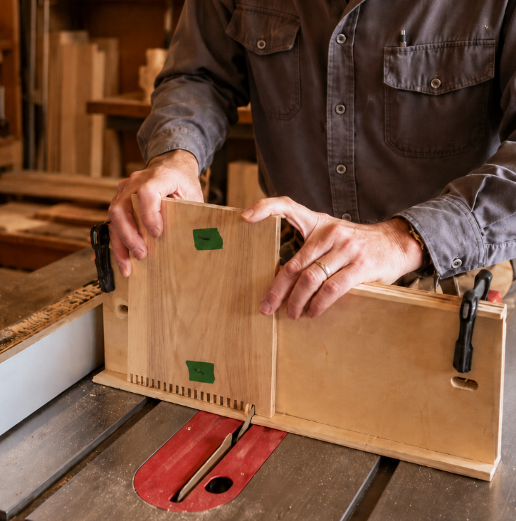 The maker hand-sanding a birch plywood children's furniture piece in her workshop