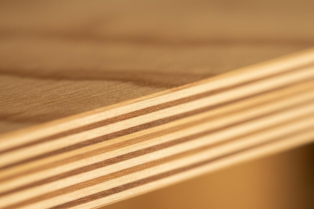 Close-up of sanded smooth birch plywood showing beautiful wood grain layers