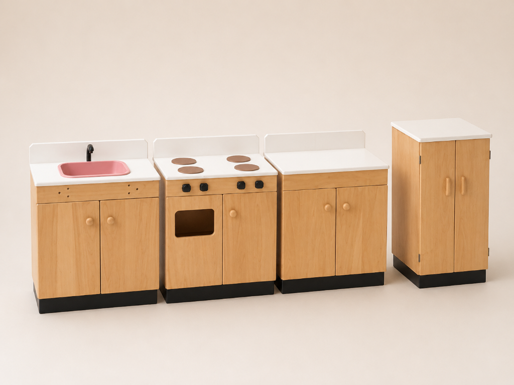Handcrafted children's wooden play kitchen set with sink unit, stovetop and oven, counter cabinet, and tall pantry cupboard