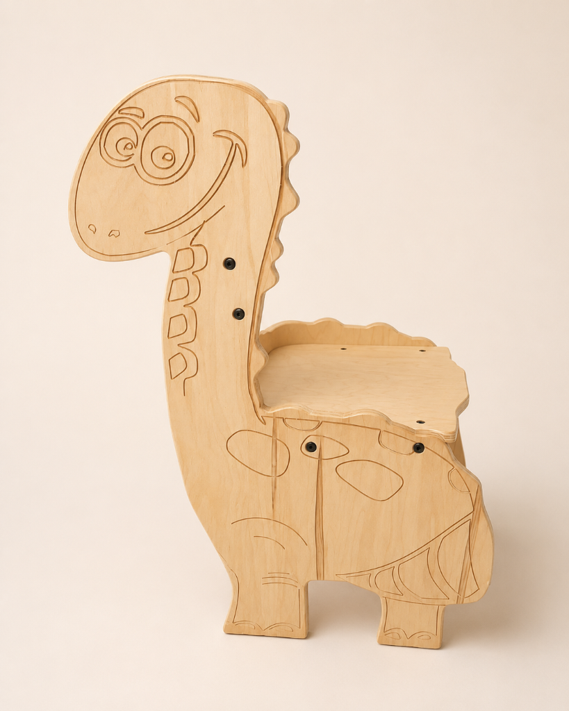 Handcrafted children's chair shaped like a friendly dinosaur with engraved details, cut from birch plywood
