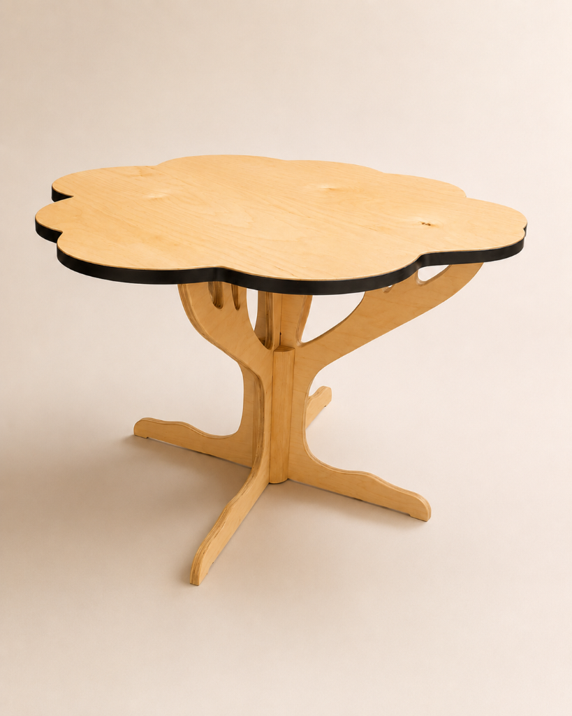 Low round children's table with scalloped cloud-shaped top made from natural birch plywood