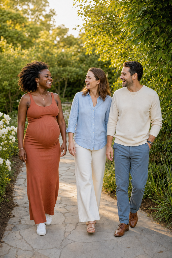 Surrogate and intended parents walking in a garden