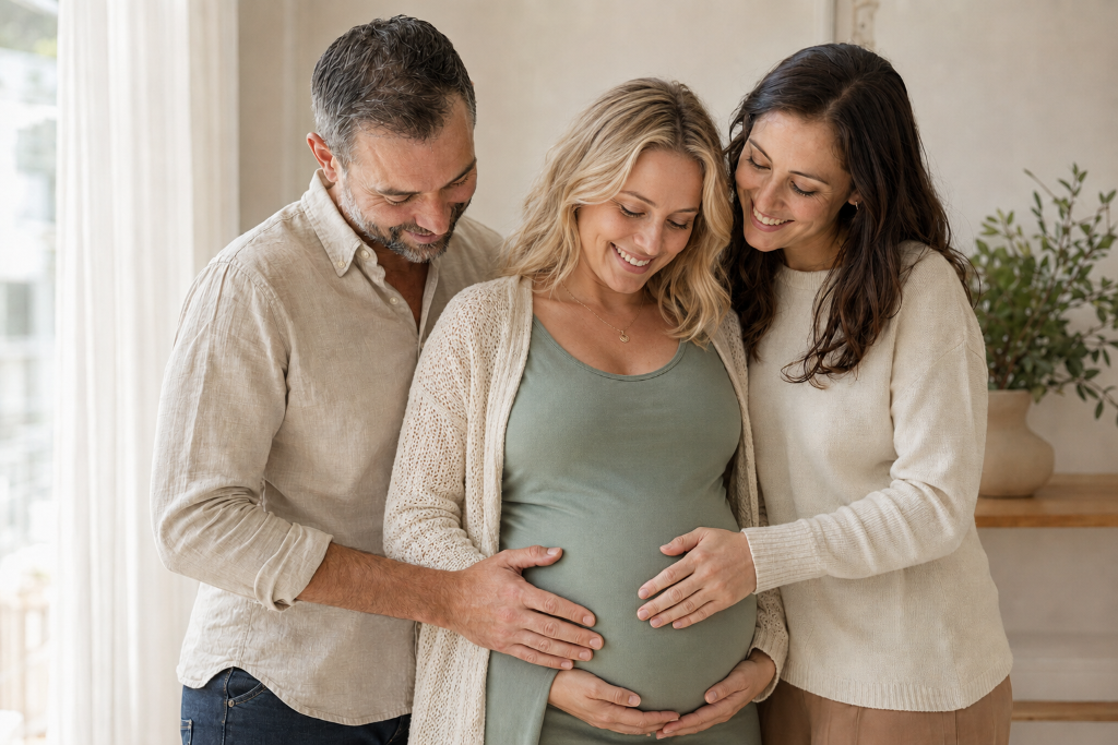Intended parents and surrogate sharing a tender moment