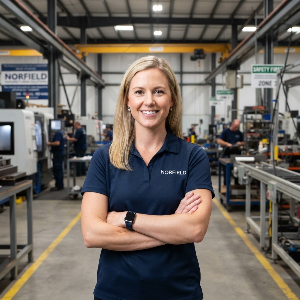 Jackie Morrison, Senior Account Executive at Norfield, in an industrial factory setting