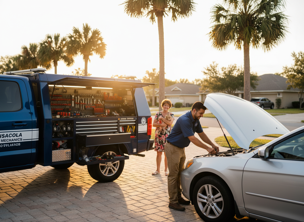 David's mobile mechanic truck servicing a car at a customer's home