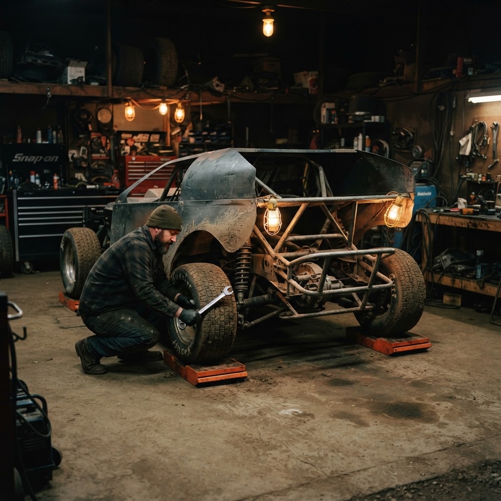 Dirt track race car on setup pads in a dim race shop at night