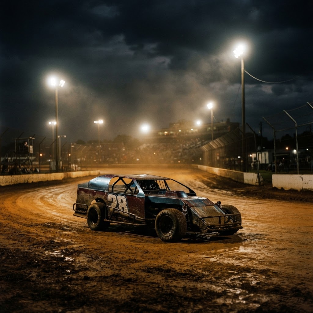 Dirt track speedway at night under stadium floodlights