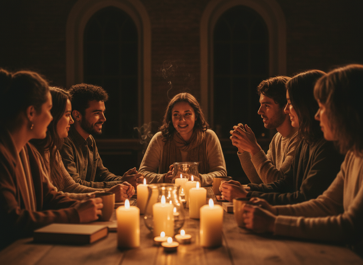 Diverse young adults in warm community gathering with candlelight fellowship