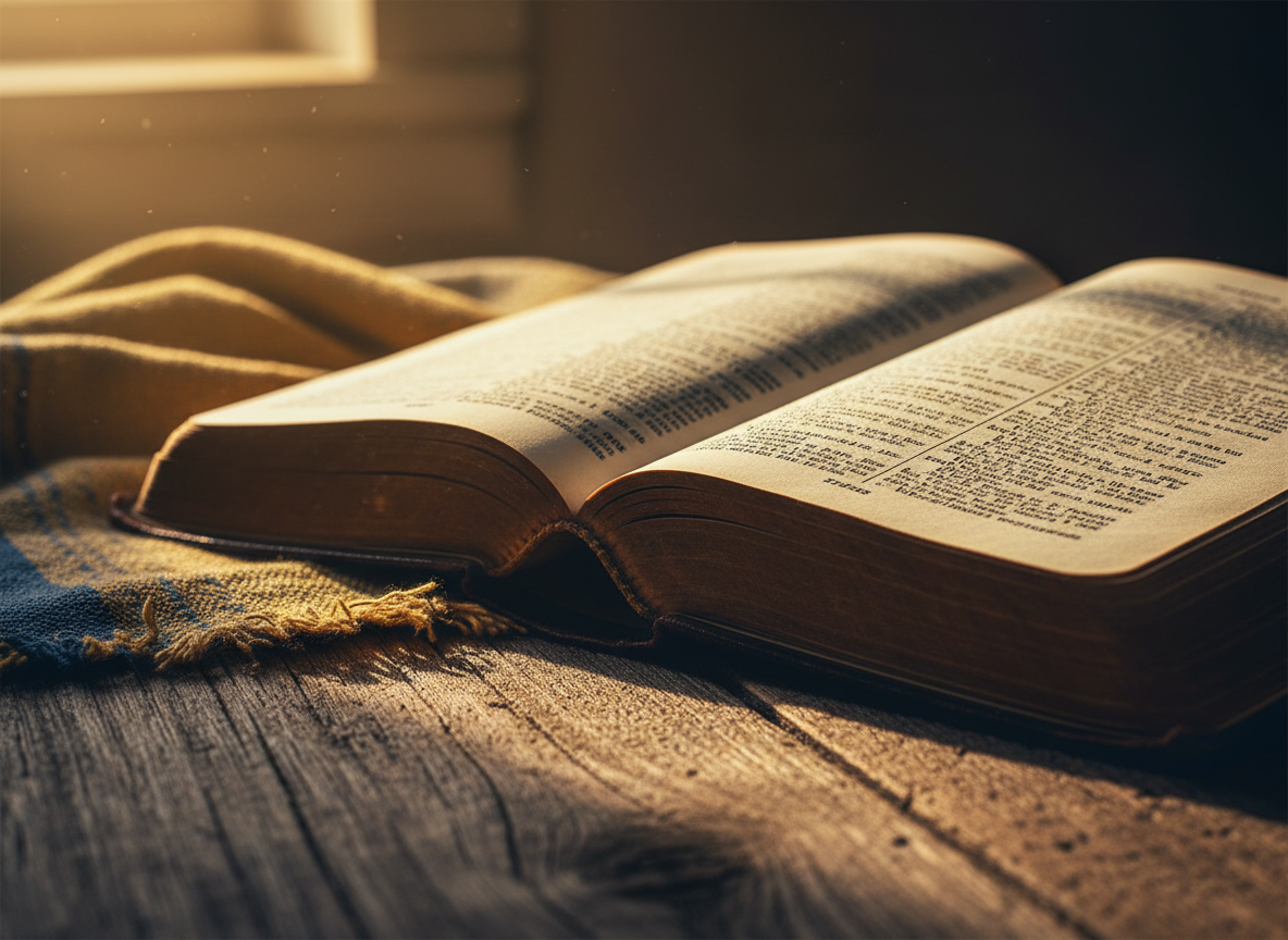 Close-up of an open bible with golden light streaming across the pages