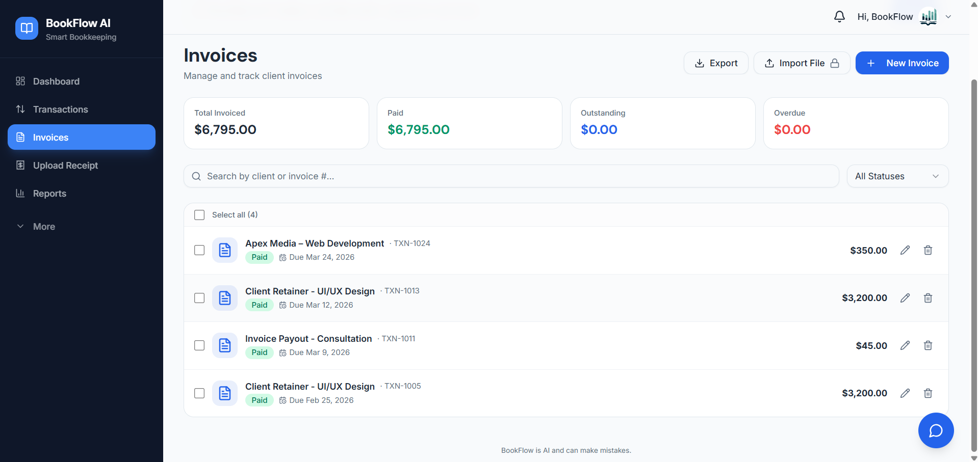 BookFlow AI invoices dashboard tracking paid and pending balances