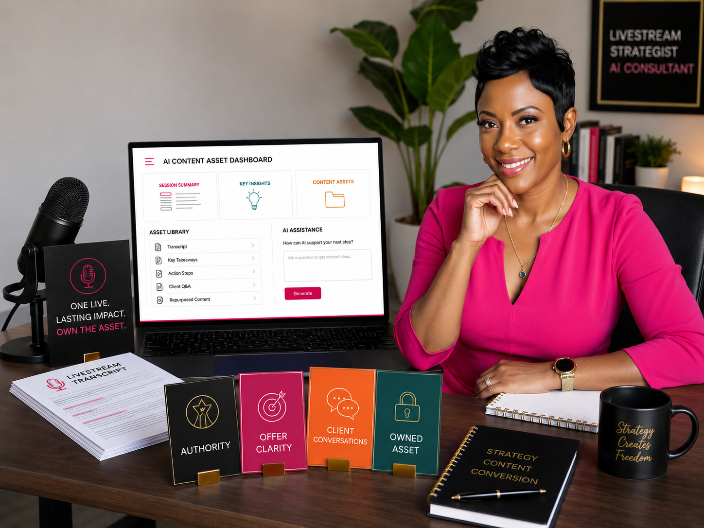 A woman in a magenta dress at a desk with an AI content asset dashboard, framed by cards for Authority, Offer Clarity, Client Conversations, and Owned Asset — illustrating strategy that creates freedom.