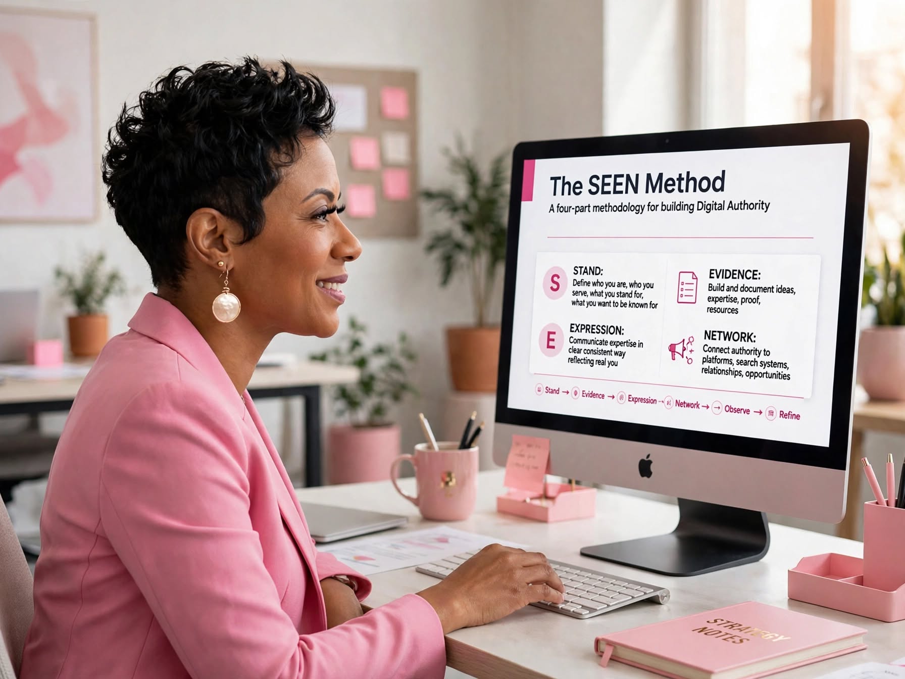 A woman in a pink blazer working at her desk beside a display of The SEEN Method slides for Stand, Evidence, Expression, and Network.
