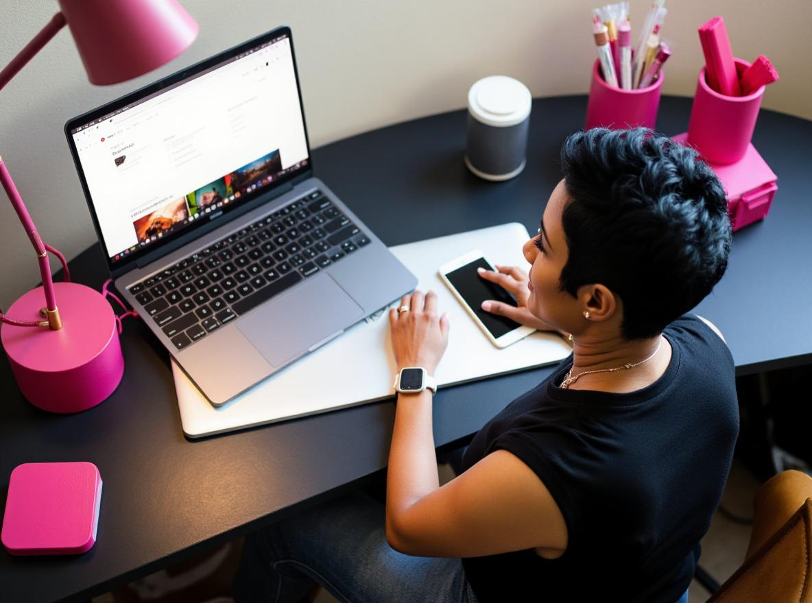 Over-the-shoulder view of a woman at a dark desk working between a laptop and a phone, with bright pink desk accents — illustrating the hands-on work of building a digital presence.