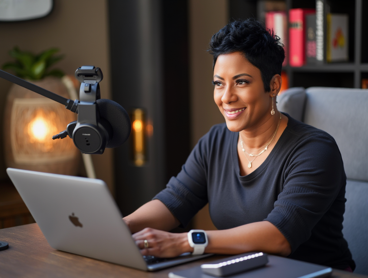 A woman with a short pixie cut recording at a home studio desk with a laptop and professional microphone, representing digital authority through content creation.