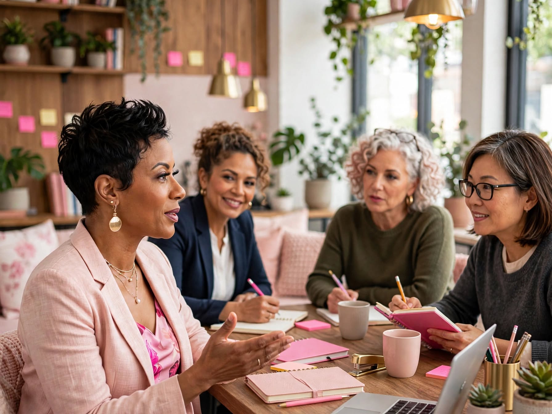 A group of women collaborating around a wooden table in a bright co-working space, reflecting the shared experience and authority of midlife professionals.