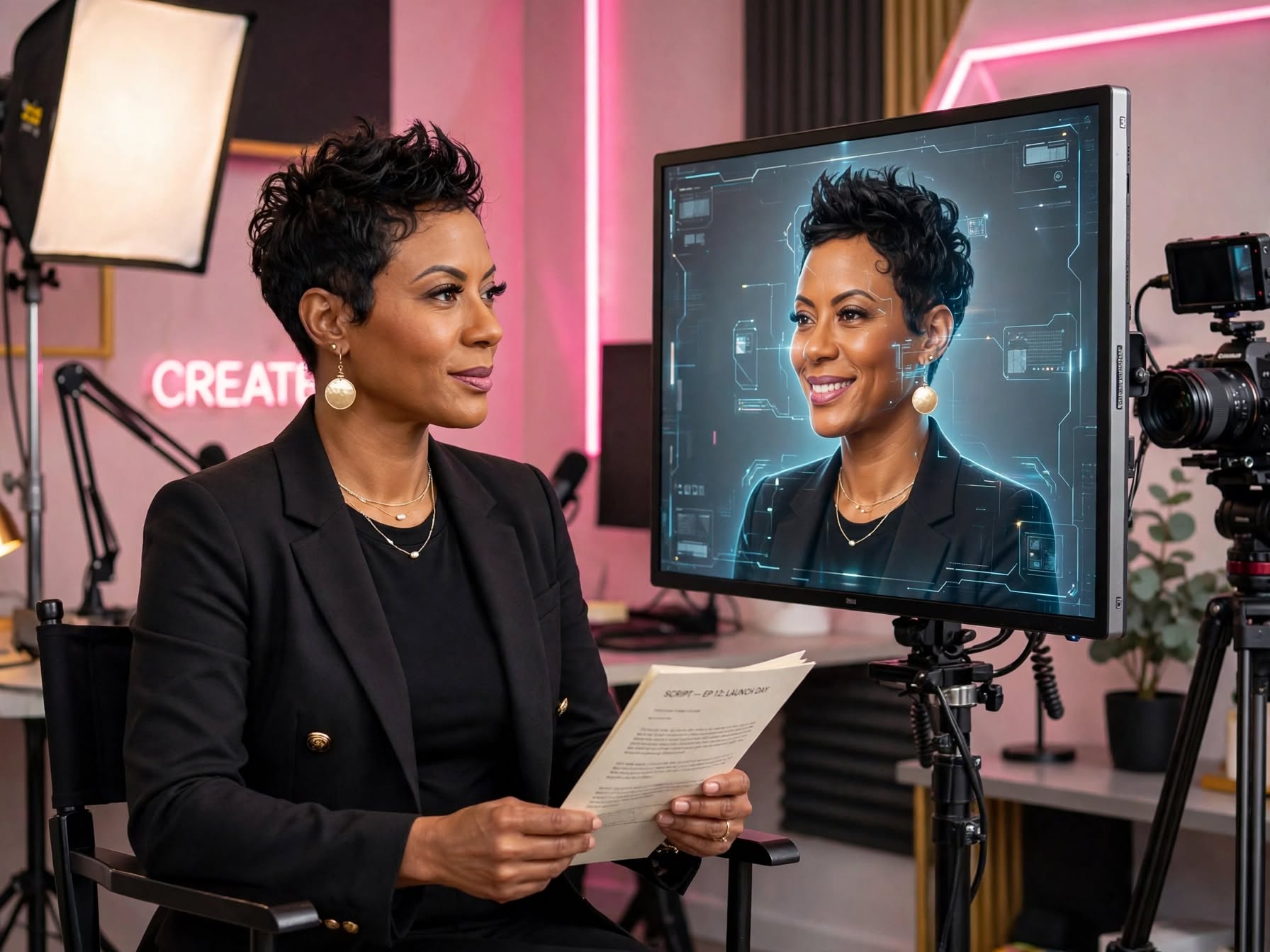 A creator in a studio reviewing a script beside a monitor displaying an AI overlay of her own face, illustrating human authority in an AI-driven world.