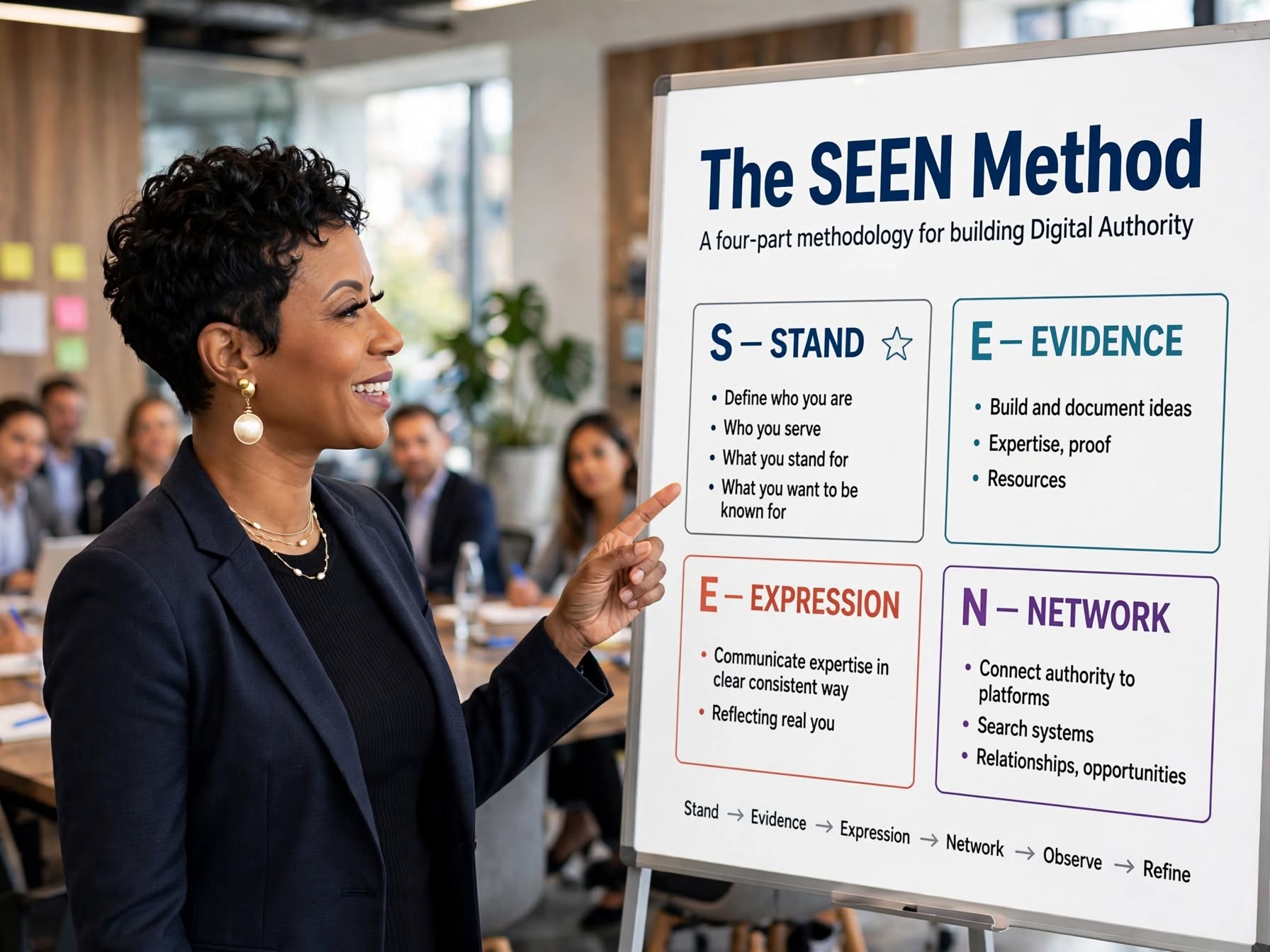 A woman in a navy blazer presenting The SEEN Method on a whiteboard, walking through Stand, Evidence, Expression, and Network as the four parts of building Digital Authority.