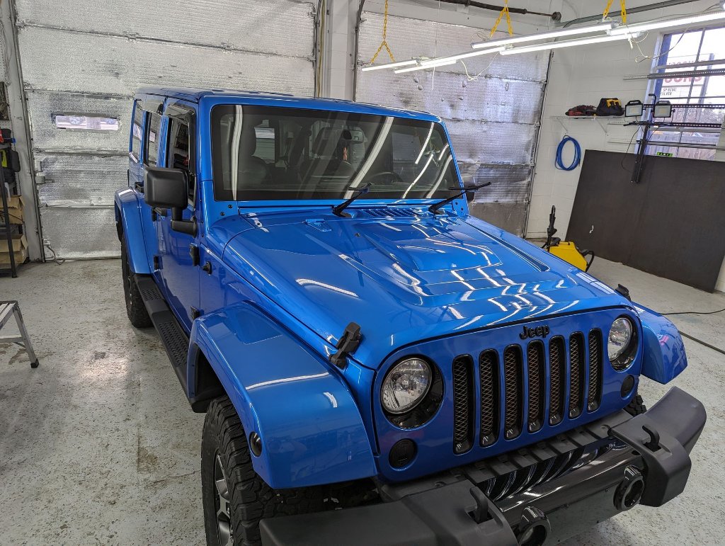 Blue Jeep Wrangler polished hood