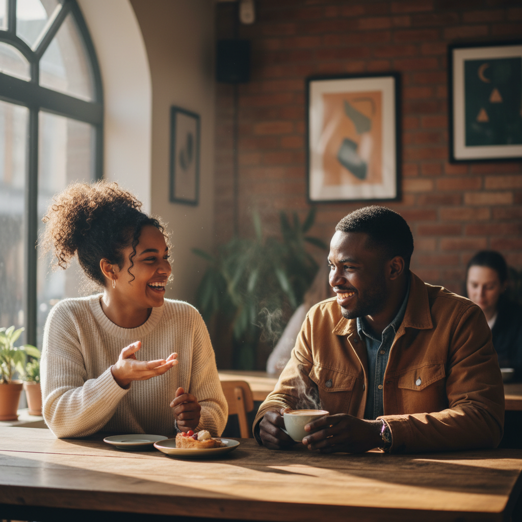 Two friends talking over coffee