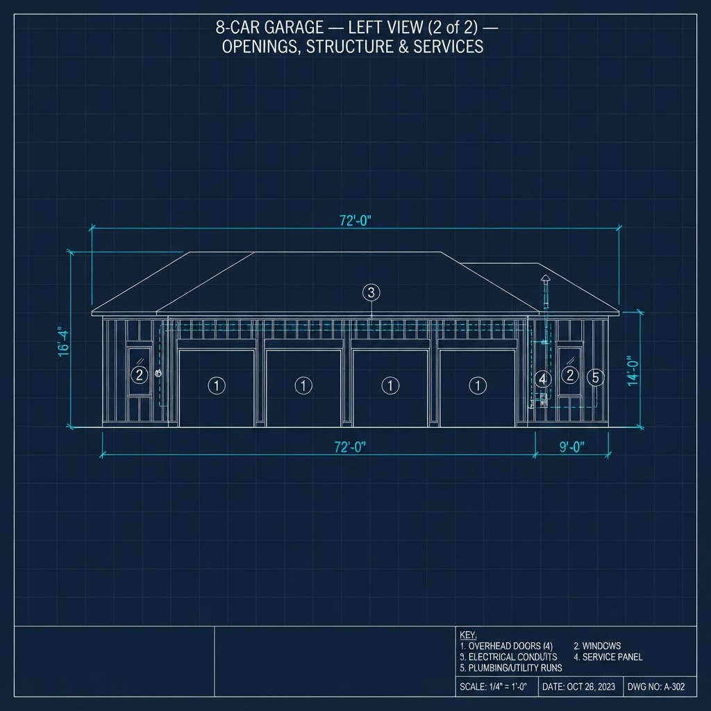 8-Car Garage — Left Side View (2 of 2) — Openings, Structure & Services