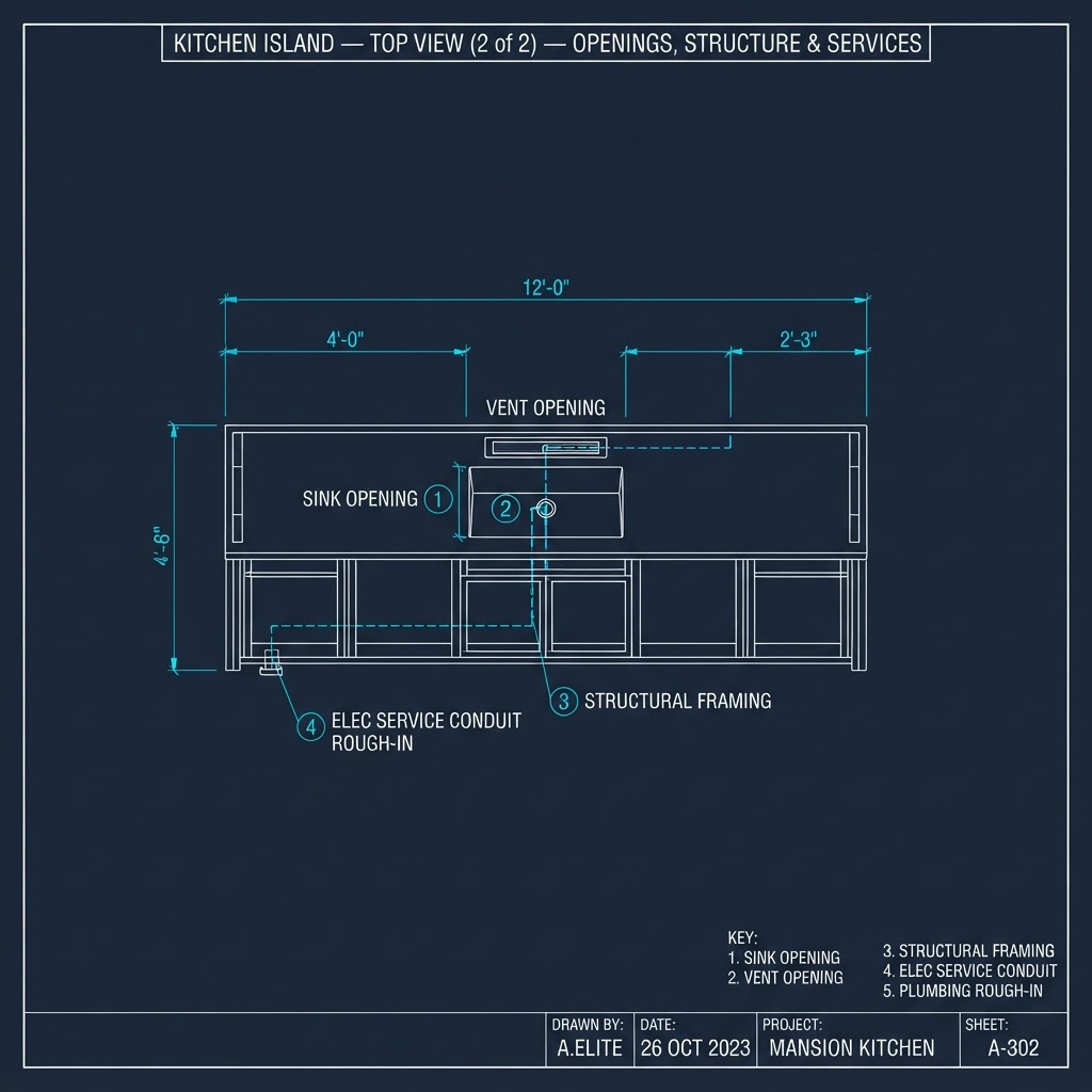 Kitchen Island — Top View (2 of 2) — Openings, Structure & Services