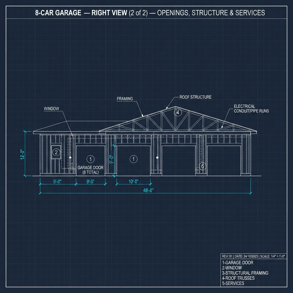 8-Car Garage — Right Side View (2 of 2) — Openings, Structure & Services