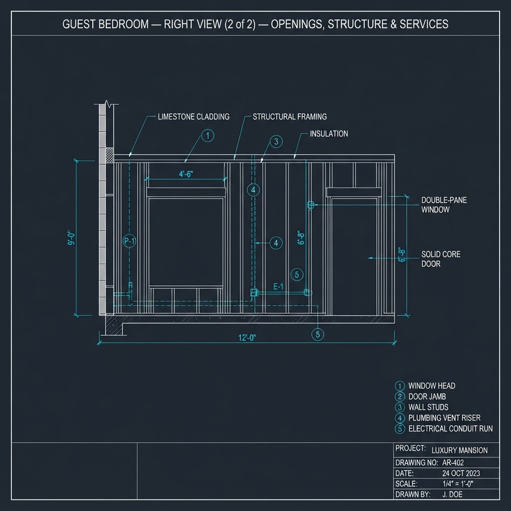 Guest Bedroom (×6) — Right Side View (2 of 2) — Openings, Structure & Services