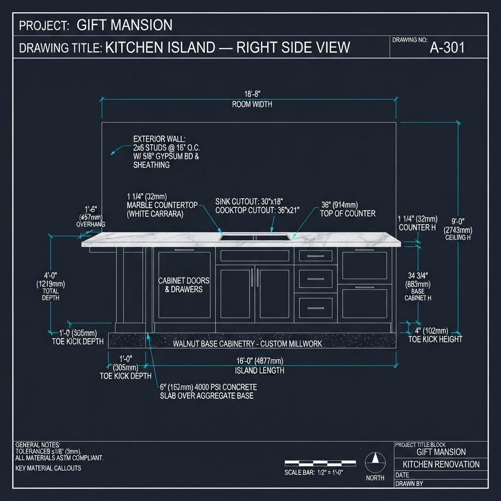Kitchen Island — Right Side View